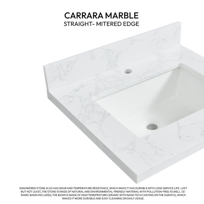 Vinnova 706125-CTP-GW Malaga 25" W x 22" D Composite Stone Vanity Top in Grain White with White Rectangular Single Sink