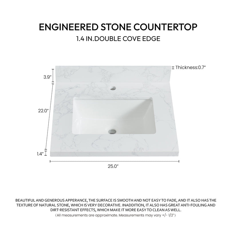 Vinnova 706125-CTP-GW Malaga 25" W x 22" D Composite Stone Vanity Top in Grain White with White Rectangular Single Sink
