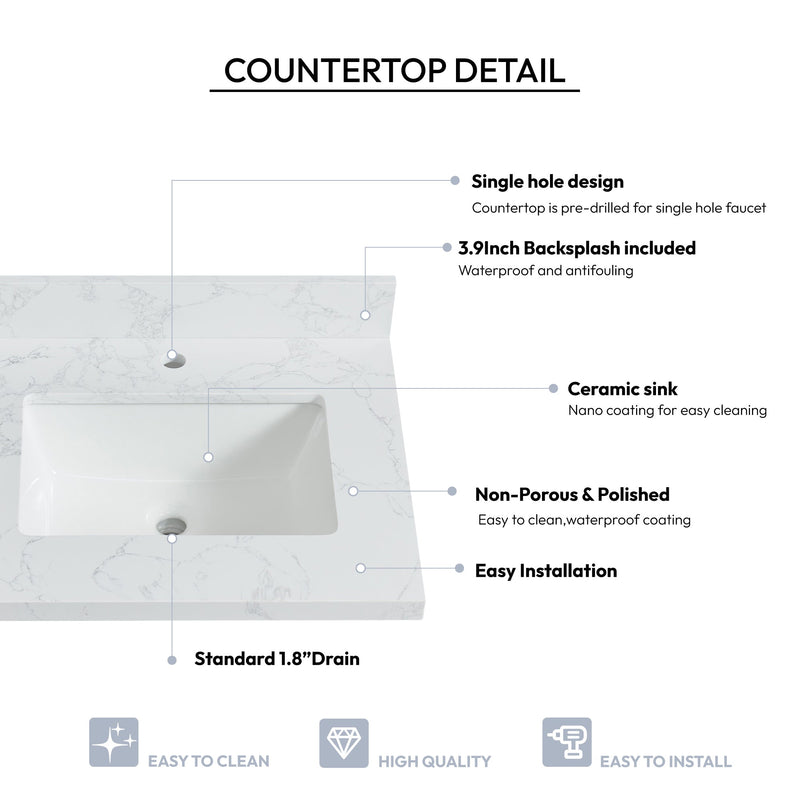 Vinnova 706125-CTP-GW Malaga 25" W x 22" D Composite Stone Vanity Top in Grain White with White Rectangular Single Sink