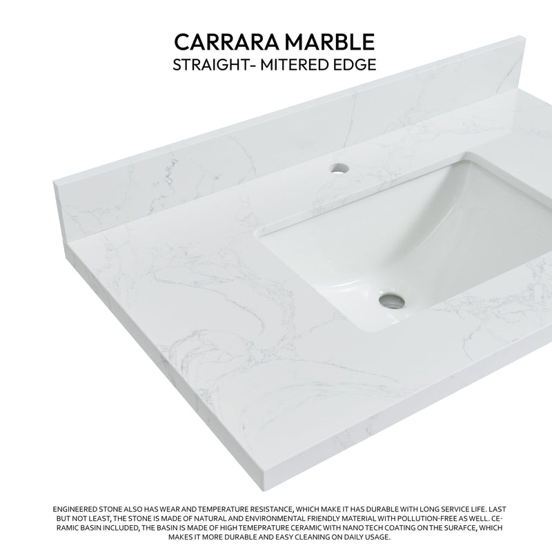 Vinnova 706137-CTP-GW Malaga 37" W x 22" D Composite Stone Vanity Top in Grain White with White Rectangular Single Sink