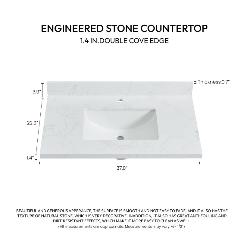 Vinnova 706137-CTP-GW Malaga 37" W x 22" D Composite Stone Vanity Top in Grain White with White Rectangular Single Sink