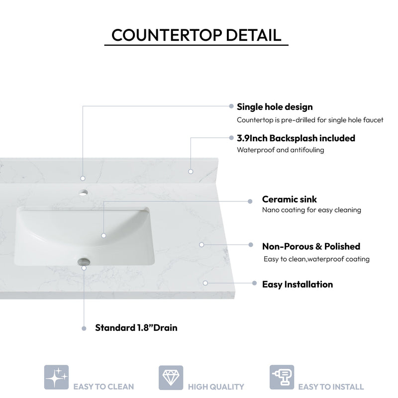 Vinnova 706137-CTP-GW Malaga 37" W x 22" D Composite Stone Vanity Top in Grain White with White Rectangular Single Sink