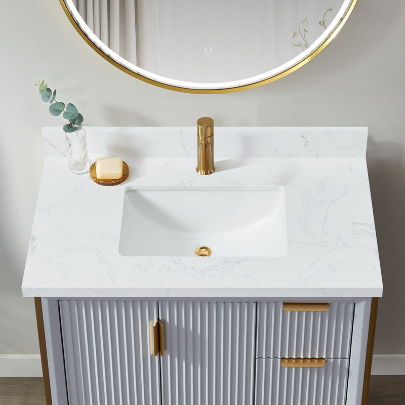 Vinnova 706137-CTP-GW Malaga 37" W x 22" D Composite Stone Vanity Top in Grain White with White Rectangular Single Sink