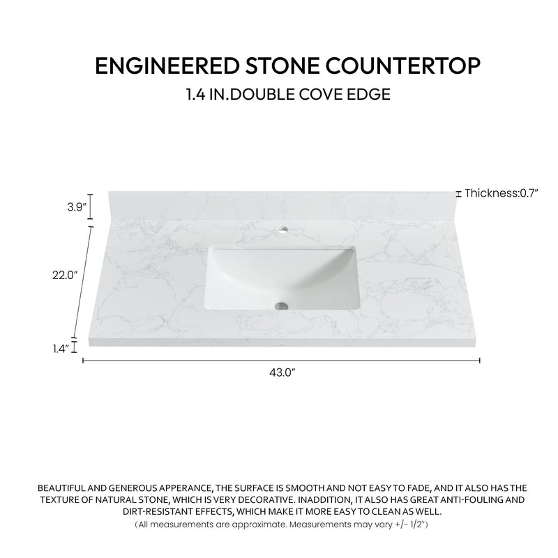 Vinnova 706143-CTP-GW Malaga 43" W x 22" D Composite Stone Vanity Top in Grain White with White Rectangular Single Sink