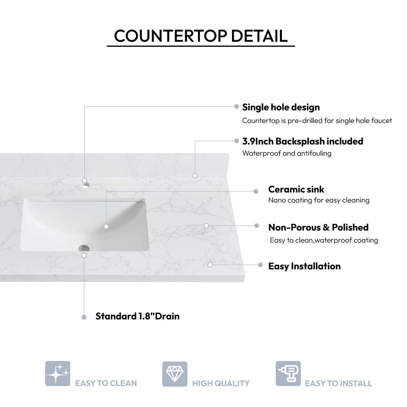Vinnova 706143-CTP-GW Malaga 43" W x 22" D Composite Stone Vanity Top in Grain White with White Rectangular Single Sink