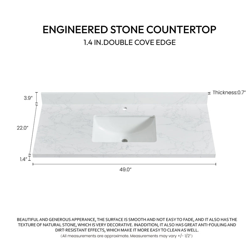 Vinnova 706149-CTP-GW Malaga 49" W x 22" D Composite Stone Vanity Top in Grain White with White Rectangular Single Sink