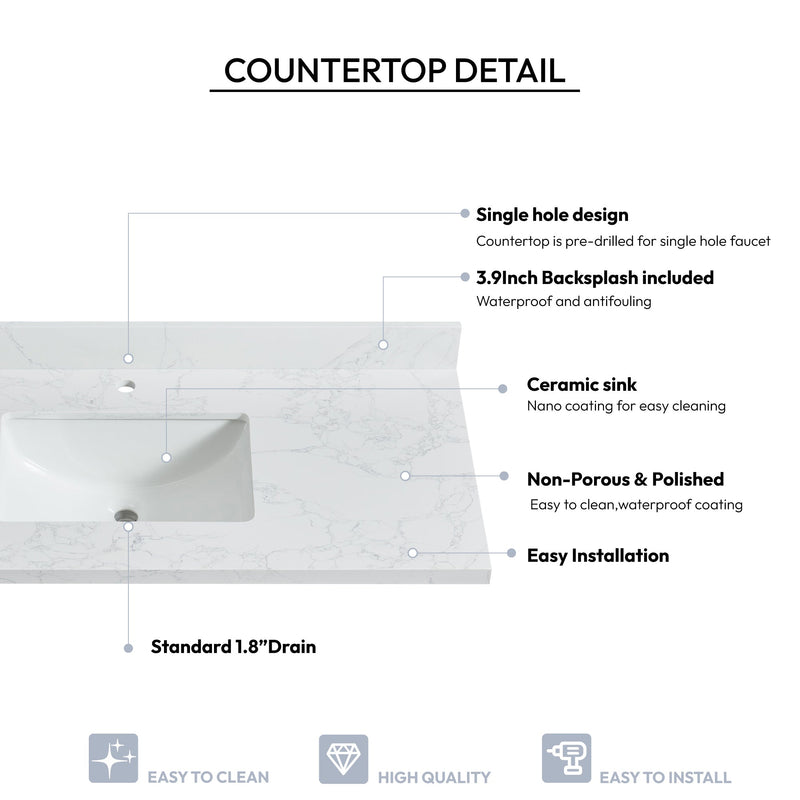 Vinnova 706149-CTP-GW Malaga 49" W x 22" D Composite Stone Vanity Top in Grain White with White Rectangular Single Sink