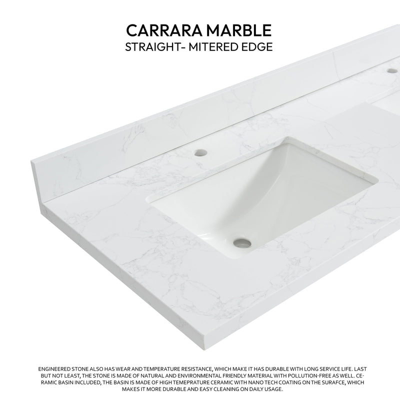Vinnova 706161M-CTP-GW Malaga 61" W x 22" D Composite Stone Vanity Top in Grain White with White Rectangular Double Sink