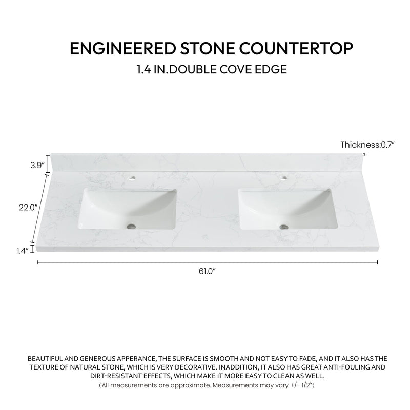 Vinnova 706161M-CTP-GW Malaga 61" W x 22" D Composite Stone Vanity Top in Grain White with White Rectangular Double Sink