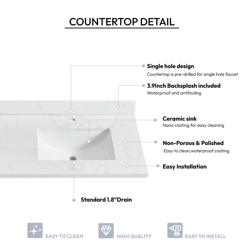 Vinnova 706161M-CTP-GW Malaga 61" W x 22" D Composite Stone Vanity Top in Grain White with White Rectangular Double Sink