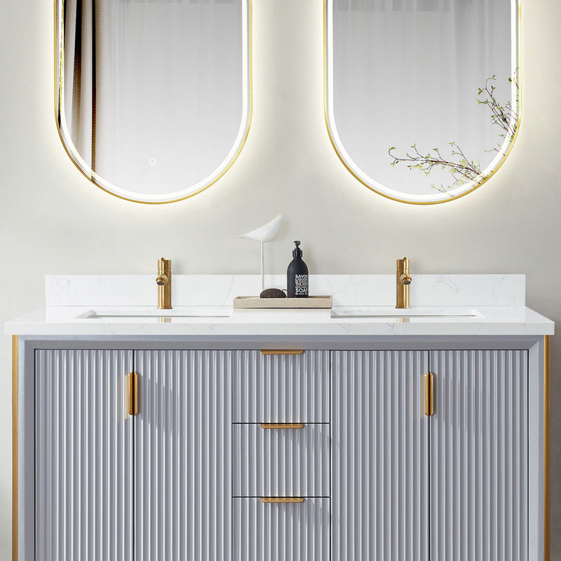 Vinnova 706161M-CTP-GW Malaga 61" W x 22" D Composite Stone Vanity Top in Grain White with White Rectangular Double Sink