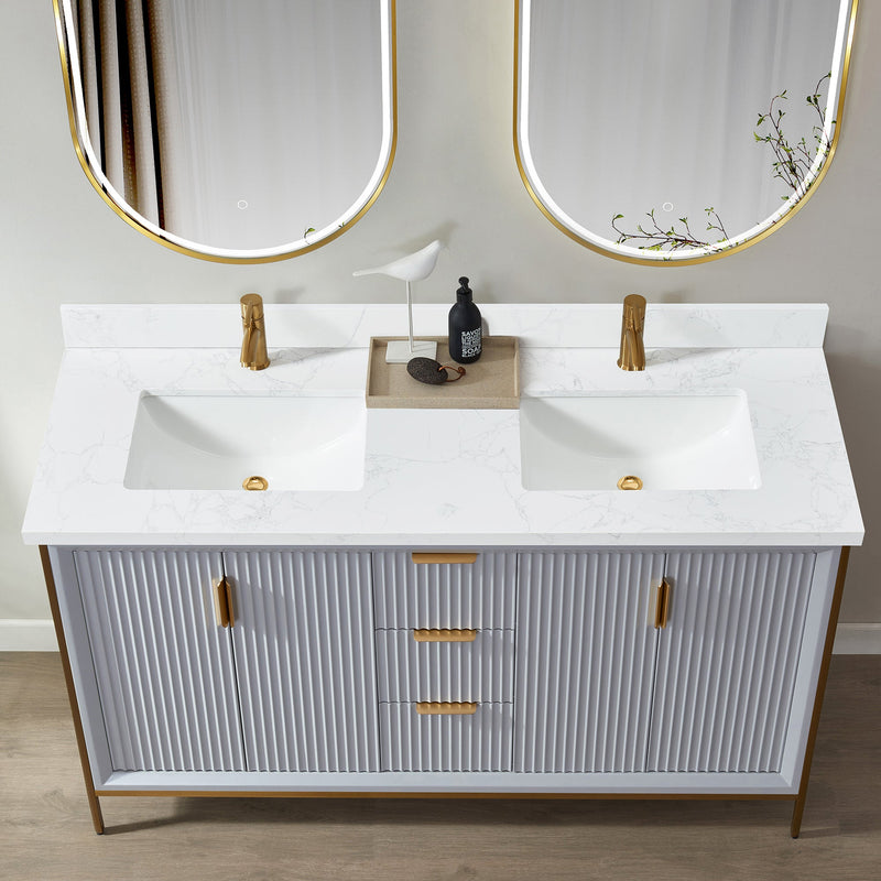 Vinnova 706161M-CTP-GW Malaga 61" W x 22" D Composite Stone Vanity Top in Grain White with White Rectangular Double Sink