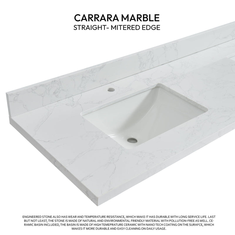 Vinnova 706173M-CTP-GW Malaga 73" W x 22" D Composite Stone Vanity Top in Grain White with White Rectangular Double Sink