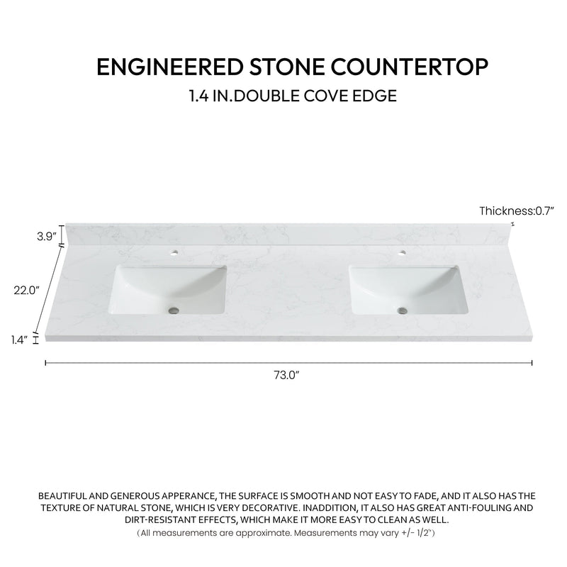 Vinnova 706173M-CTP-GW Malaga 73" W x 22" D Composite Stone Vanity Top in Grain White with White Rectangular Double Sink