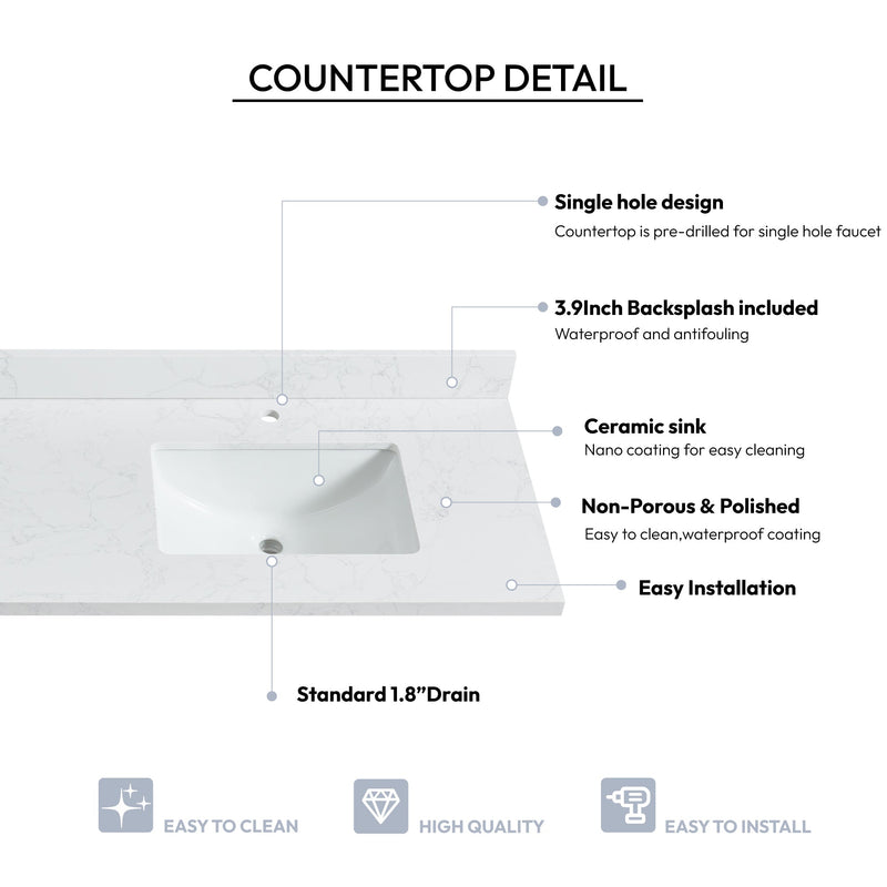 Vinnova 706173M-CTP-GW Malaga 73" W x 22" D Composite Stone Vanity Top in Grain White with White Rectangular Double Sink