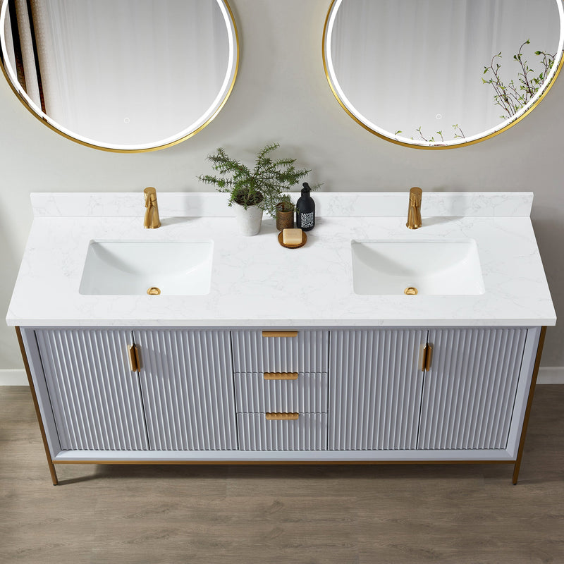 Vinnova 706173M-CTP-GW Malaga 73" W x 22" D Composite Stone Vanity Top in Grain White with White Rectangular Double Sink