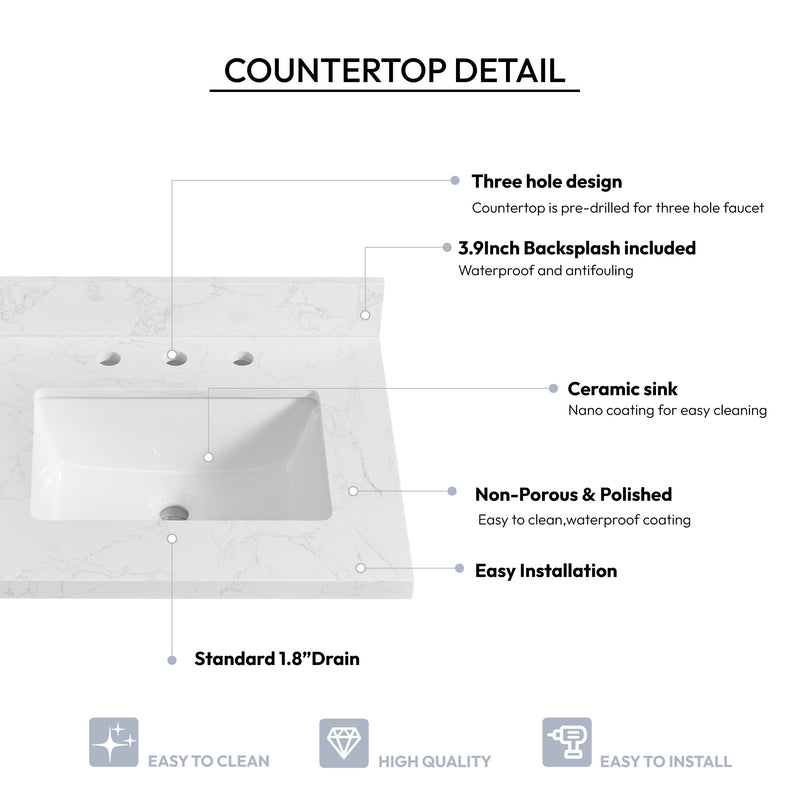 Vinnova 706325-CTP-GW Jaen 25" W x 22" D Composite Stone Vanity Top in Grain White with White Rectangular Single Sink
