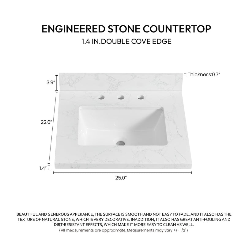 Vinnova 706325-CTP-GW Jaen 25" W x 22" D Composite Stone Vanity Top in Grain White with White Rectangular Single Sink