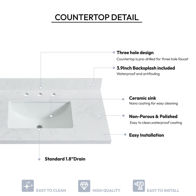 Vinnova 706337-CTP-GW Jaen 37" W x 22" D Composite Stone Vanity Top in Grain White with White Rectangular Single Sink