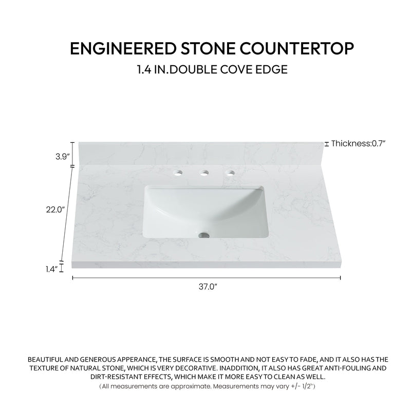 Vinnova 706337-CTP-GW Jaen 37" W x 22" D Composite Stone Vanity Top in Grain White with White Rectangular Single Sink