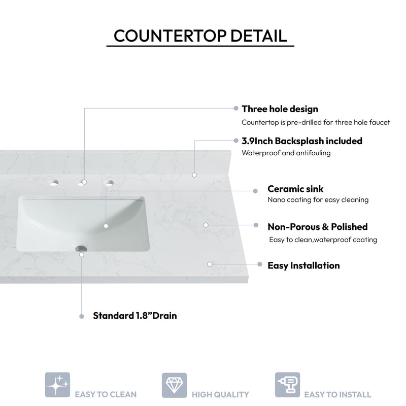 Vinnova 706343-CTP-GW Jaen 43" W x 22" D Composite Stone Vanity Top in Grain White with White Rectangular Single Sink