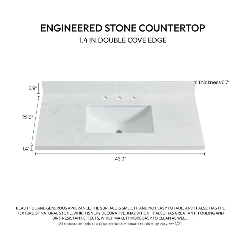 Vinnova 706343-CTP-GW Jaen 43" W x 22" D Composite Stone Vanity Top in Grain White with White Rectangular Single Sink