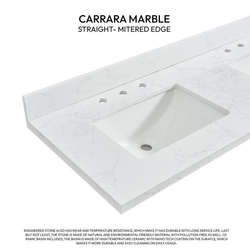 Vinnova 706361M-CTP-GW Jaen 61" W x 22" D Composite Stone Vanity Top in Grain White with White Rectangular Double Sink