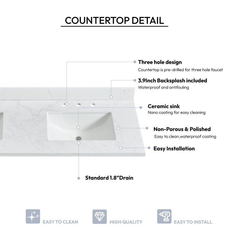 Vinnova 706361M-CTP-GW Jaen 61" W x 22" D Composite Stone Vanity Top in Grain White with White Rectangular Double Sink