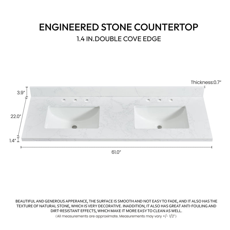 Vinnova 706361M-CTP-GW Jaen 61" W x 22" D Composite Stone Vanity Top in Grain White with White Rectangular Double Sink
