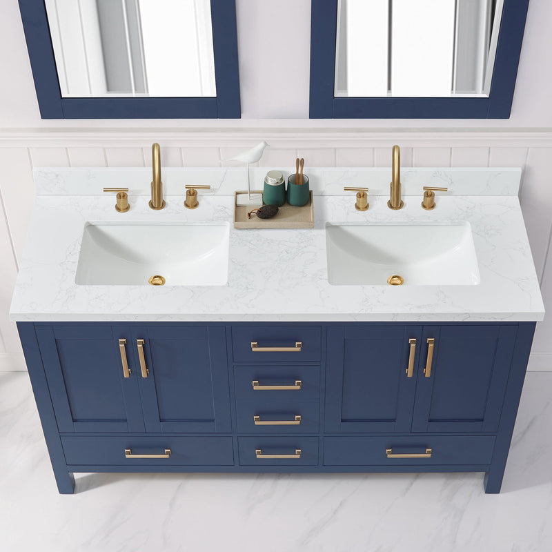 Vinnova 706361M-CTP-GW Jaen 61" W x 22" D Composite Stone Vanity Top in Grain White with White Rectangular Double Sink