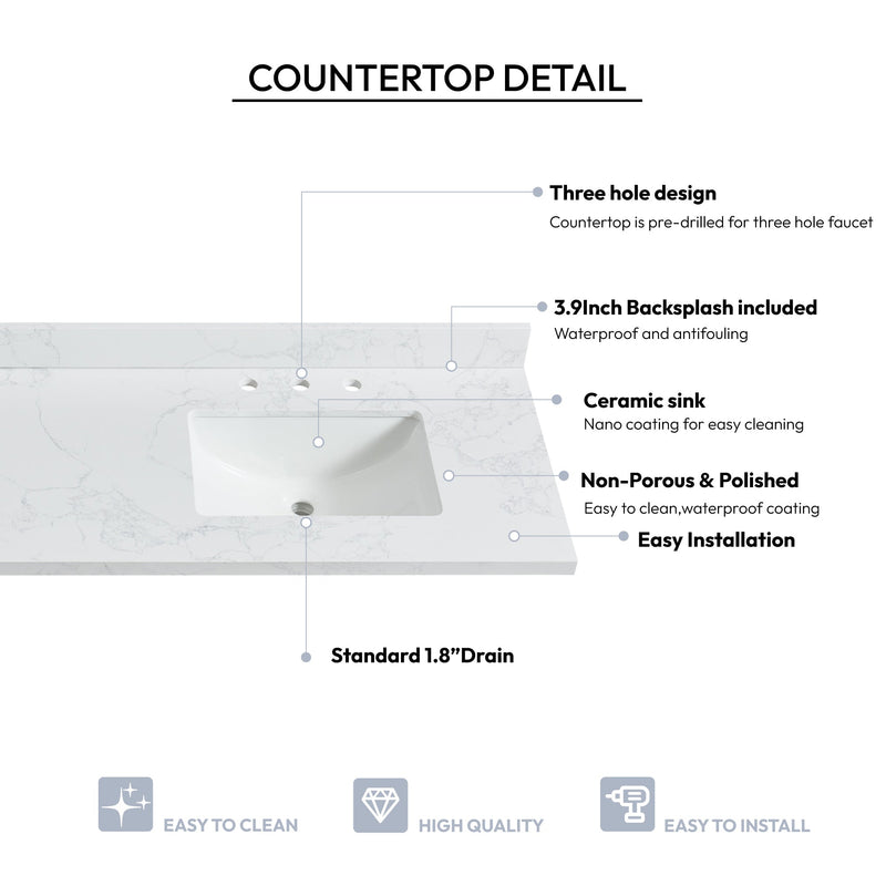 Vinnova 706373M-CTP-GW Jaen 73" W x 22" D Composite Stone Vanity Top in Grain White with White Rectangular Double Sink
