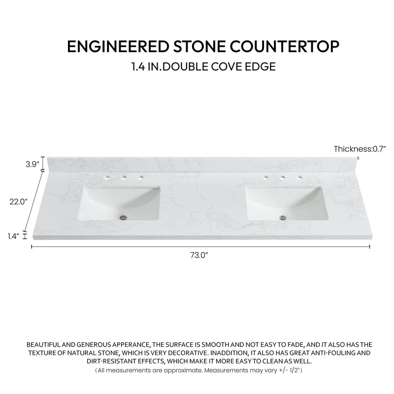 Vinnova 706373M-CTP-GW Jaen 73" W x 22" D Composite Stone Vanity Top in Grain White with White Rectangular Double Sink