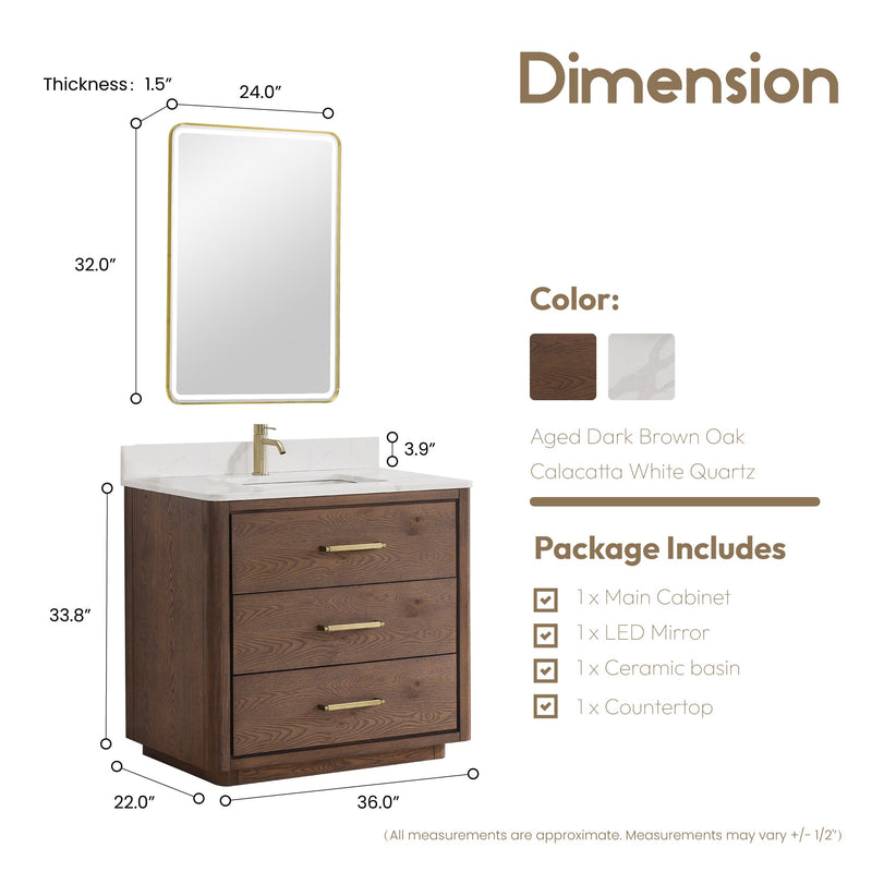 Vinnova 706536-AD-BK Porto 36" Free-standing Single Bath Vanity in Aged Dark Brown Oak
