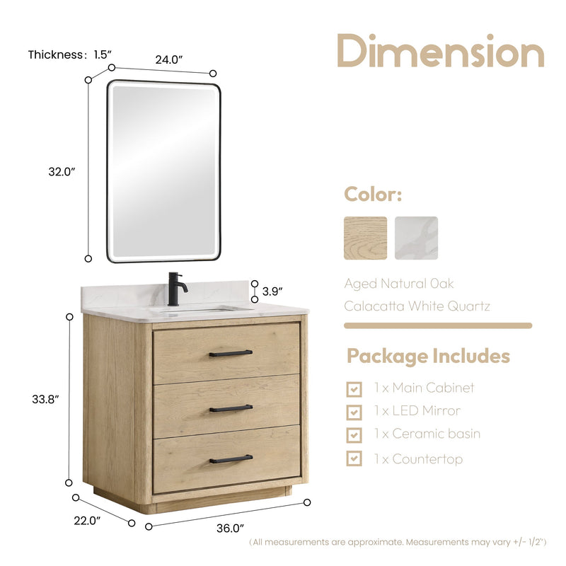 Vinnova 706536-AN-BK Porto 36" Free-standing Single Bath Vanity in Aged Natural Oak