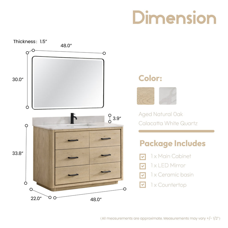 Vinnova 7065648-AN-BK Porto 48" Free-standing Single Bath Vanity in Aged Natural Oak