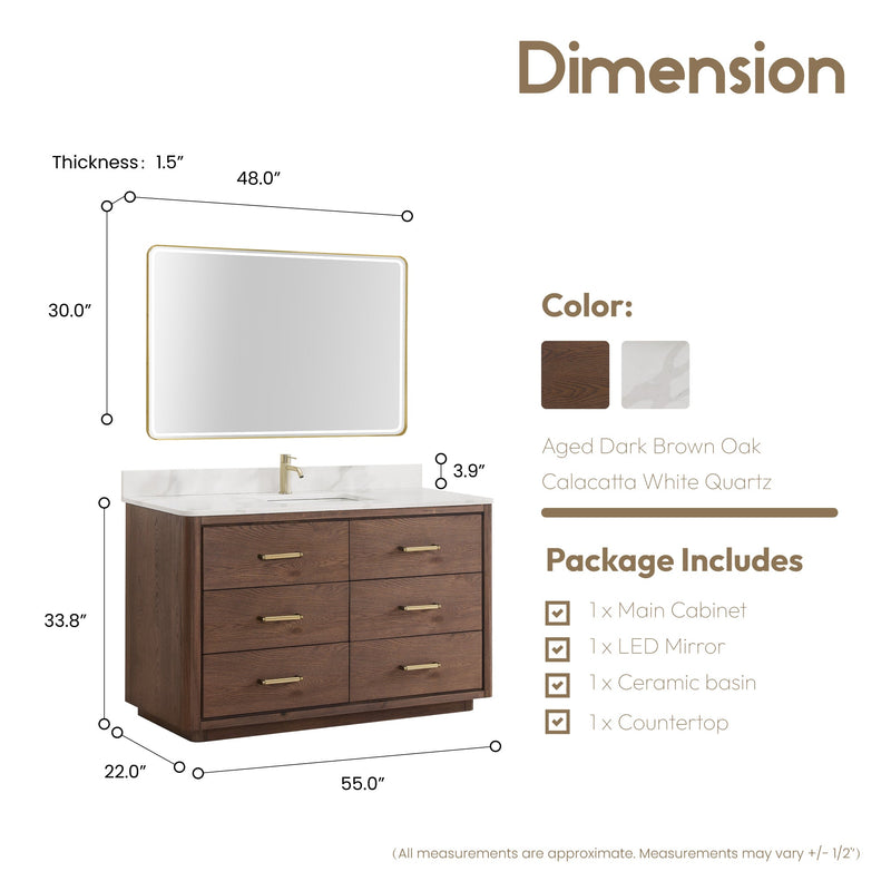 Vinnova 706555-AD-BK Porto 55" Free-standing Single Bath Vanity in Aged Dark Brown Oak