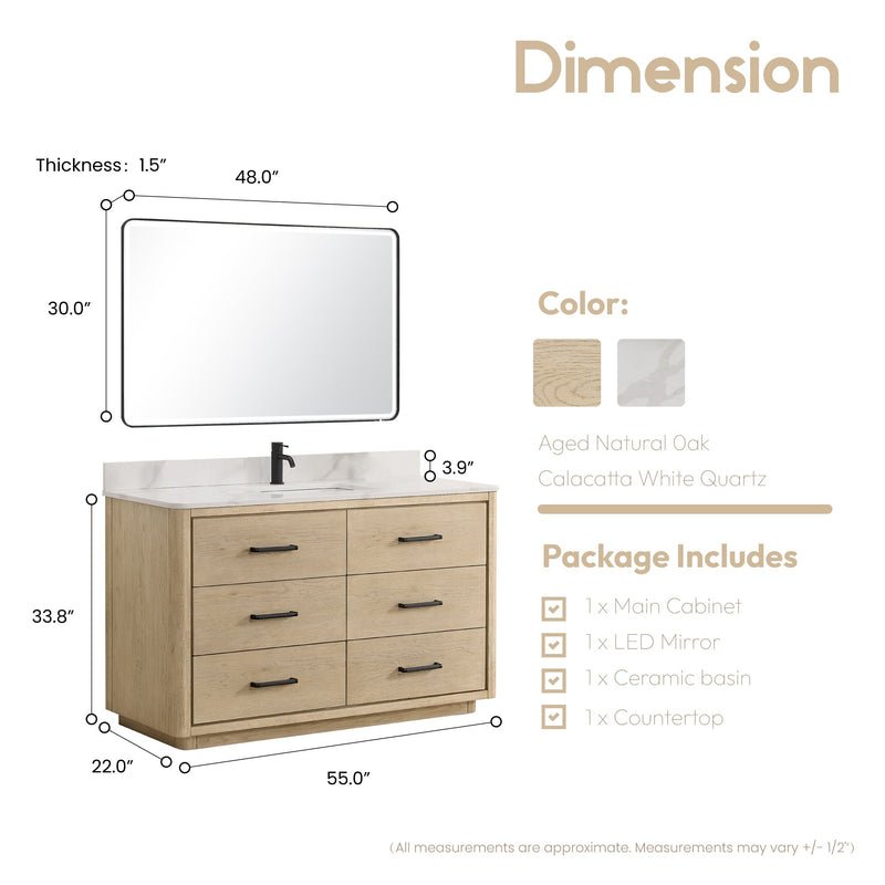Vinnova 706555-AN-BK Porto 55" Free-standing Single Bath Vanity in Aged Natural Oak