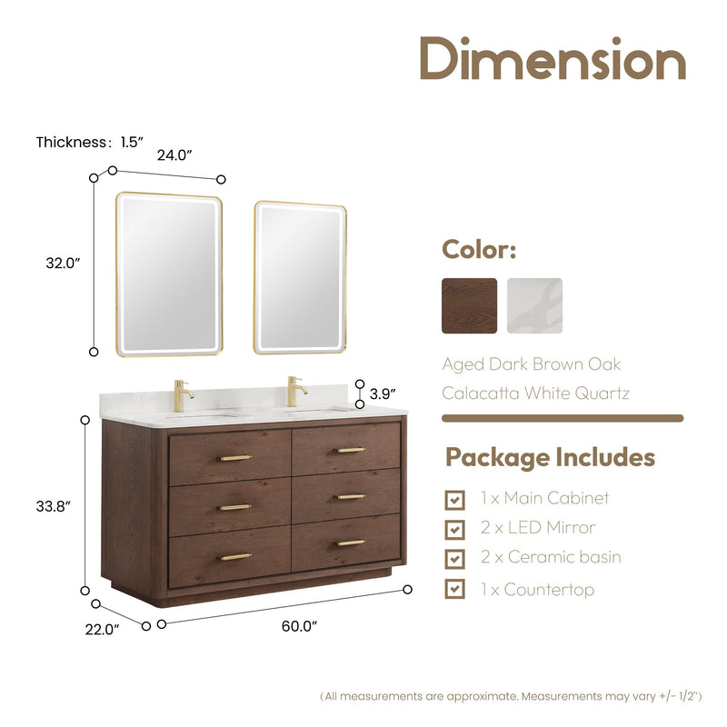 Vinnova 706560M-AD-BK Porto 60M" Free-standing Double Bath Vanity in Aged Dark Brown Oak