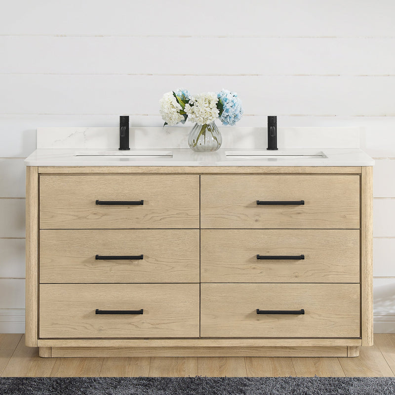Vinnova 706560M-AN-BK Porto 60M" Free-standing Double Bath Vanity in Aged Natural Oak
