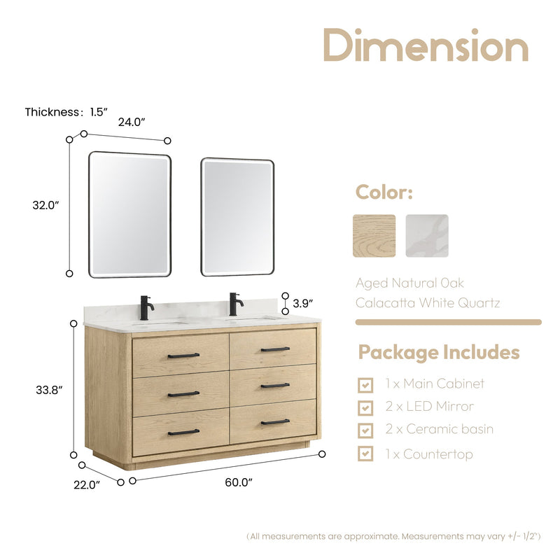 Vinnova 706560M-AN-BK Porto 60M" Free-standing Double Bath Vanity in Aged Natural Oak