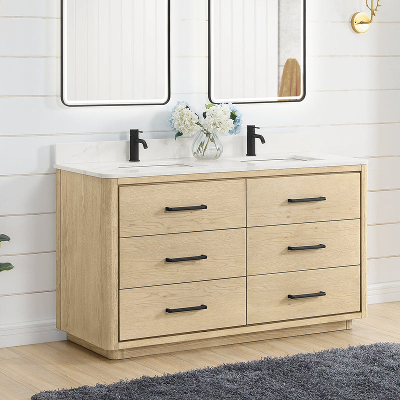 Vinnova 706560M-AN-BK Porto 60M" Free-standing Double Bath Vanity in Aged Natural Oak