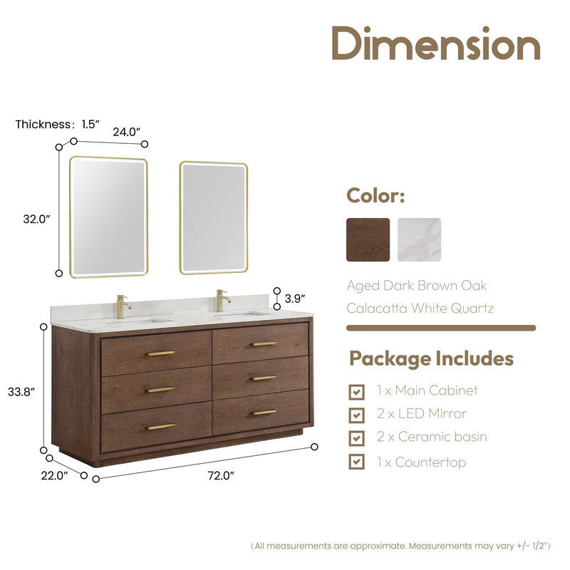 Vinnova 706572-AD-BK Porto 72" Free-standing Double Bath Vanity in Aged Dark Brown Oak