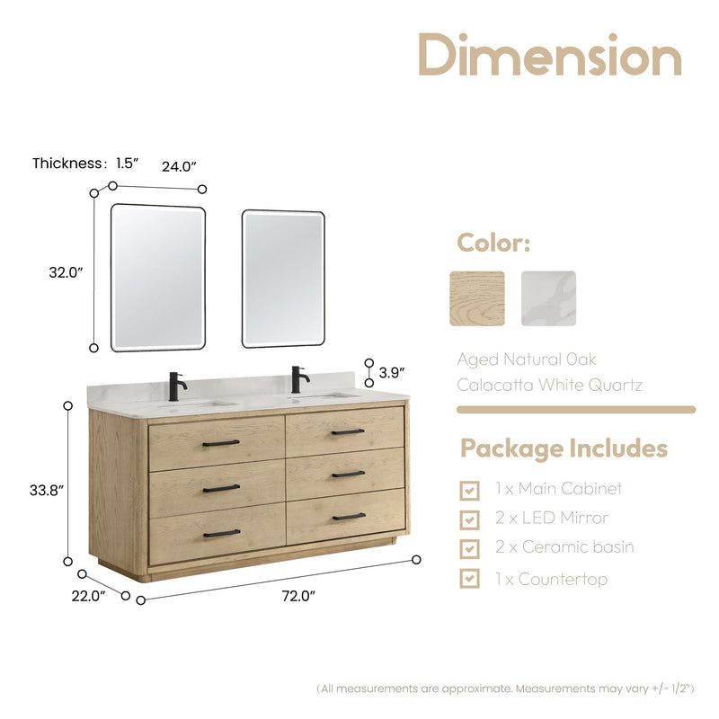 Vinnova 706572-AN-BK Porto 72" Free-standing Double Bath Vanity in Aged Natural Oak