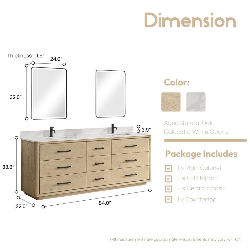 Vinnova 706584-AN-BK Porto 84" Free-standing Double Bath Vanity in Aged Natural Oak