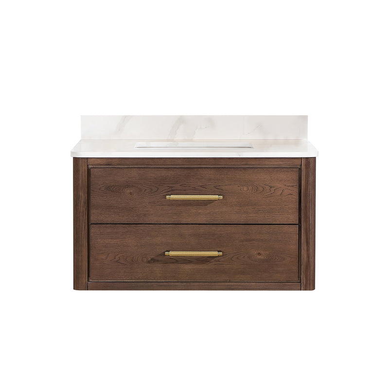 Vinnova 706636-AD-BK Cristo 36" Floating Single Bath Vanity in Aged Dark Brown Oak with Fish Maw White Quartz Stone Top