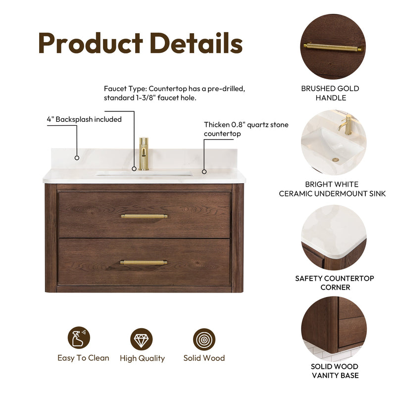 Vinnova 706636-AD-BK Cristo 36" Floating Single Bath Vanity in Aged Dark Brown Oak with Fish Maw White Quartz Stone Top