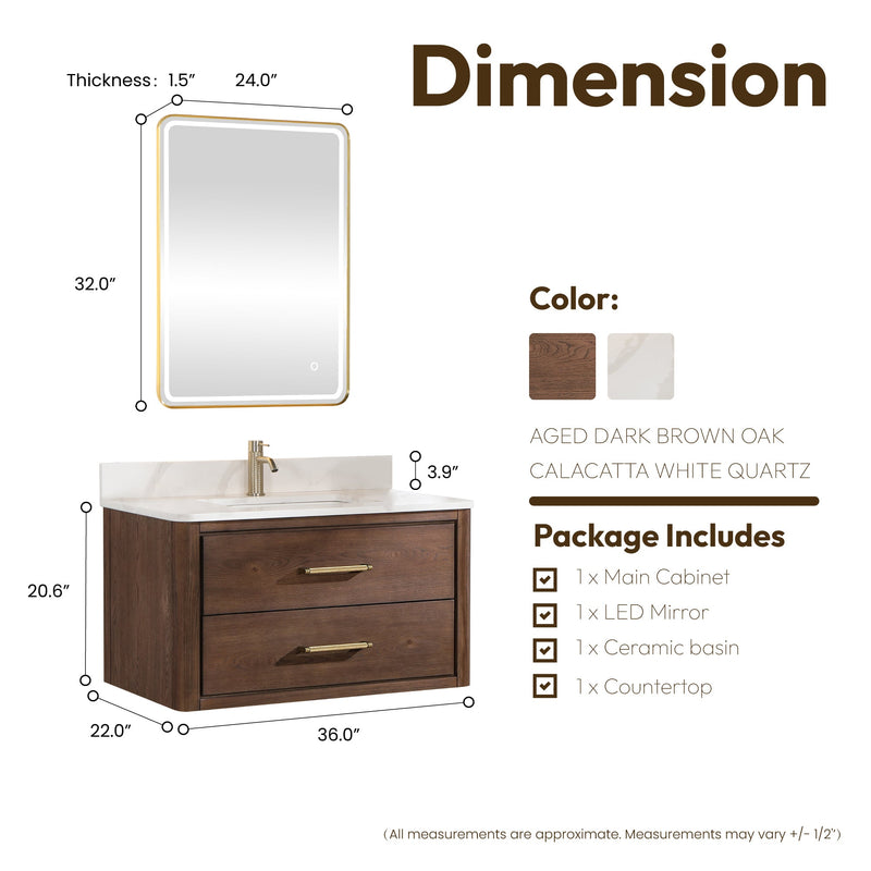 Vinnova 706636-AD-BK Cristo 36" Floating Single Bath Vanity in Aged Dark Brown Oak with Fish Maw White Quartz Stone Top