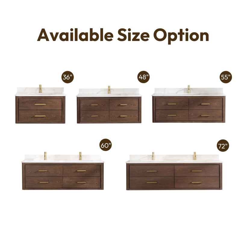 Vinnova 706636-AD-BK Cristo 36" Floating Single Bath Vanity in Aged Dark Brown Oak with Fish Maw White Quartz Stone Top
