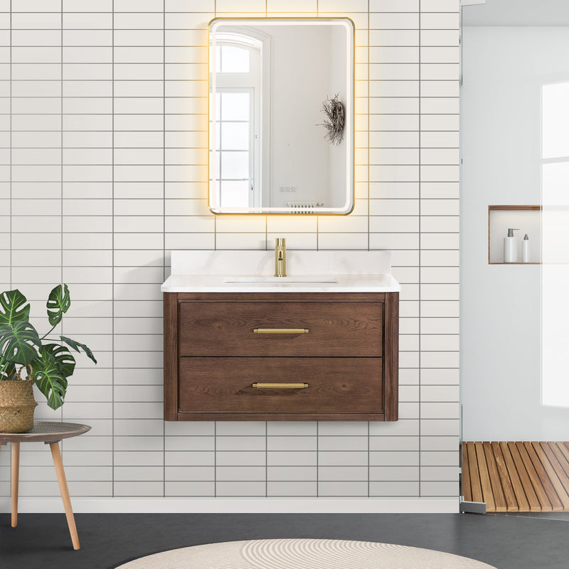 Vinnova 706636-AD-BK Cristo 36" Floating Single Bath Vanity in Aged Dark Brown Oak with Fish Maw White Quartz Stone Top