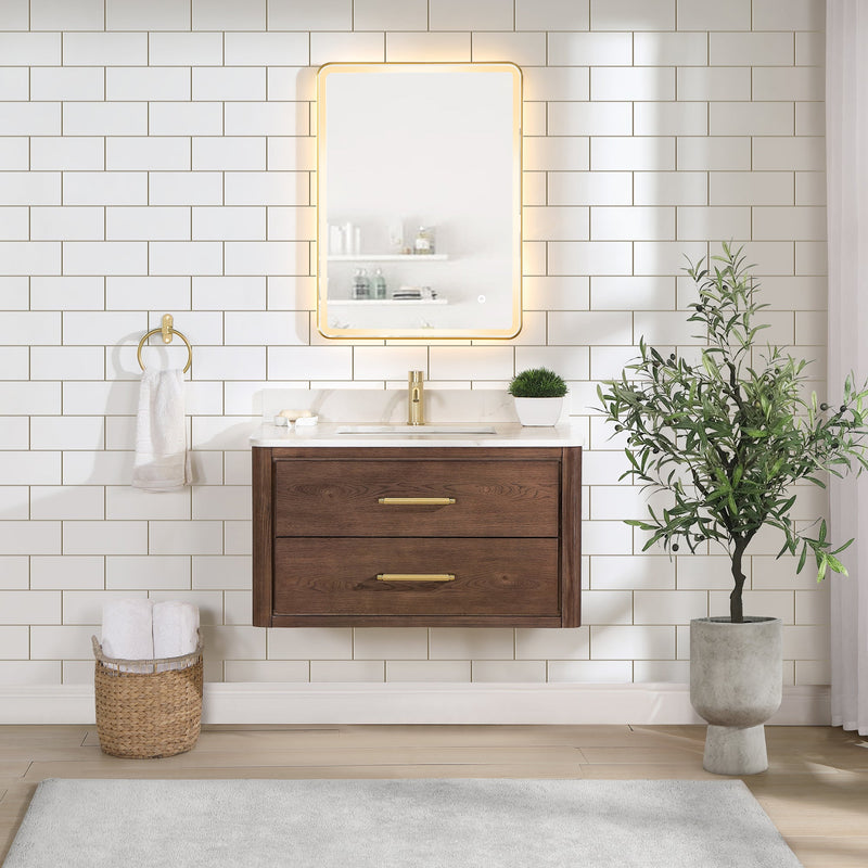 Vinnova 706636-AD-BK Cristo 36" Floating Single Bath Vanity in Aged Dark Brown Oak with Fish Maw White Quartz Stone Top